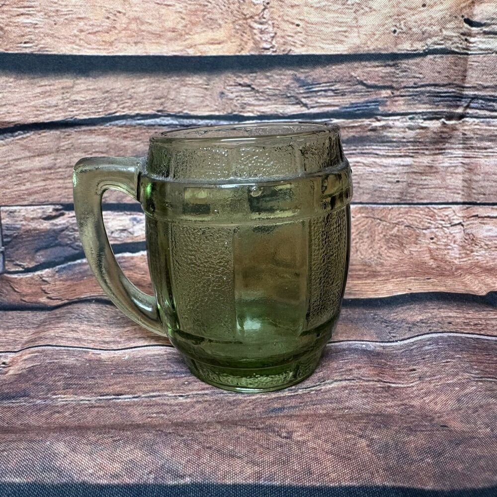 Vintage 1970's Green Shot Glass Beer Barrel Small 2.5" Tall Mug Toothpick Holder